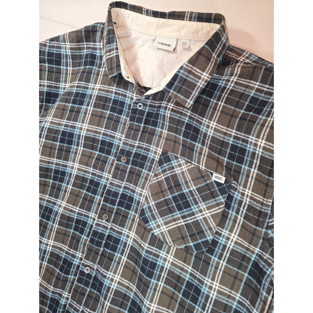 VANS Men's Flannel Shirt Size XXL Blue Brown Long Sleeve Plaid Soft Cotton